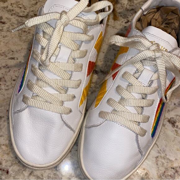 Soludos $139 Good Vibes Rainbow Weave White Embroidered Leather Sneaker 7.5 EUC - Picture 10 of 15